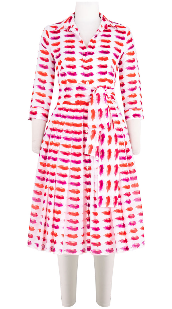 Audrey Dress #4 Shirt Collar 3/4 Sleeve Long Length Cotton Musola (Watercolor Lips)