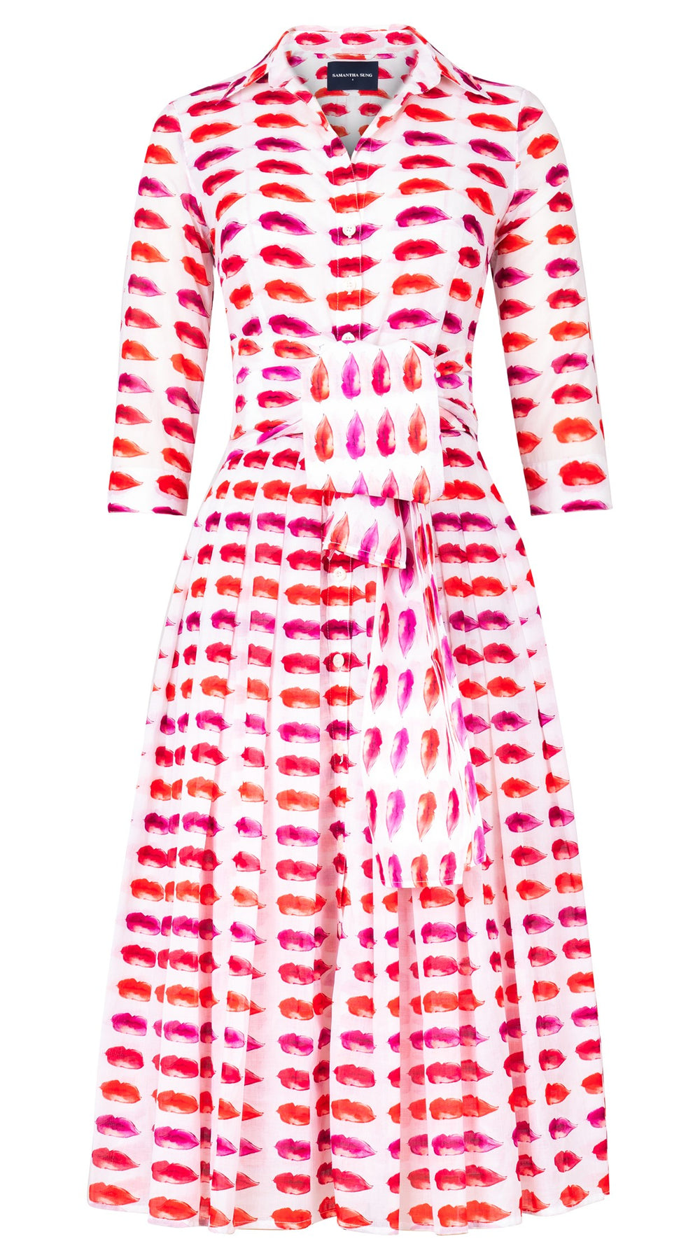 Audrey Dress #4 Shirt Collar 3/4 Sleeve Midi Length Cotton Musola (Watercolor Lips)