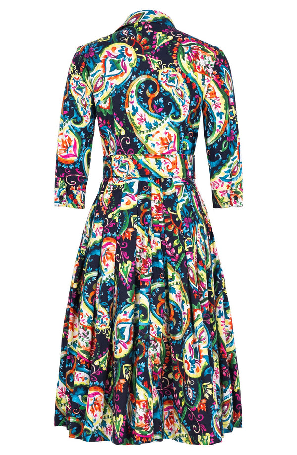 Audrey Dress #2 Shirt Collar 3/4 Sleeve Long Length Cotton Stretc (Watercolor Paisley)