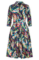 Audrey Dress #2 Shirt Collar 3/4 Sleeve Long Length Cotton Stretc (Watercolor Paisley)