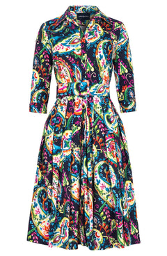 Audrey Dress #2 Shirt Collar 3/4 Sleeve Long Length Cotton Stretc (Watercolor Paisley)