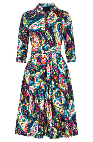 Audrey Dress #2 Shirt Collar 3/4 Sleeve Long Length Cotton Stretc (Watercolor Paisley)