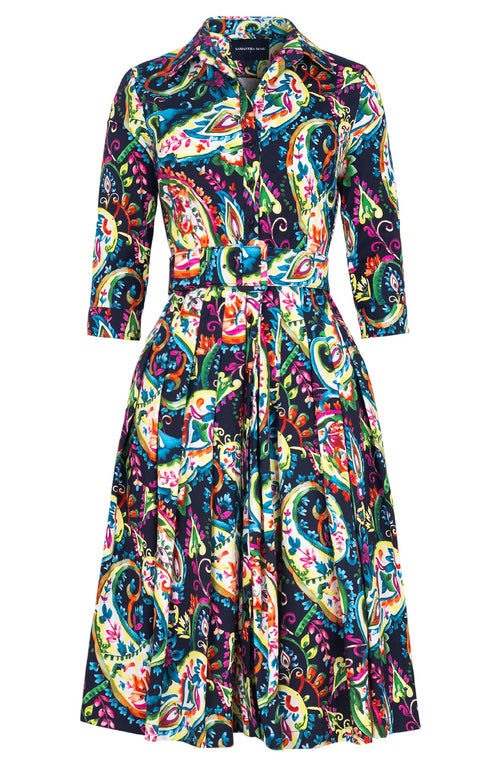 Audrey Dress #2 Shirt Collar 3/4 Sleeve Long Length Cotton Stretc (Watercolor Paisley)