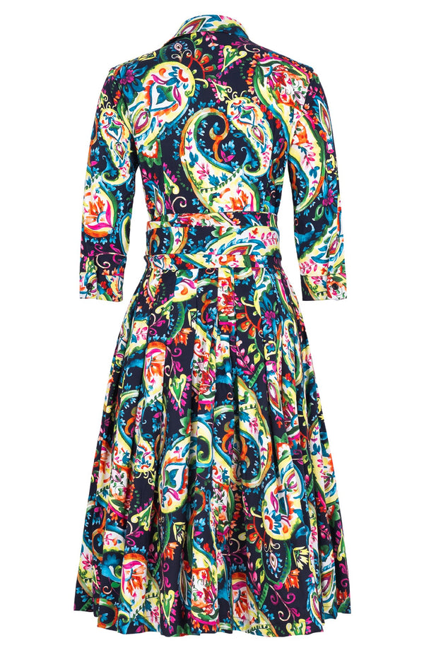 Audrey Dress #2 Shirt Collar 3/4 Sleeve Long Length Cotton Stretc (Watercolor Paisley)