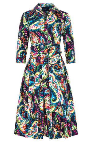 Audrey Dress #2 Shirt Collar 3/4 Sleeve Long Length Cotton Stretc (Watercolor Paisley)
