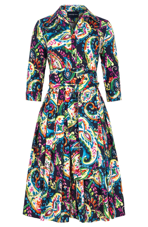 Audrey Dress #2 Shirt Collar 3/4 Sleeve Long Length Cotton Stretc (Watercolor Paisley)