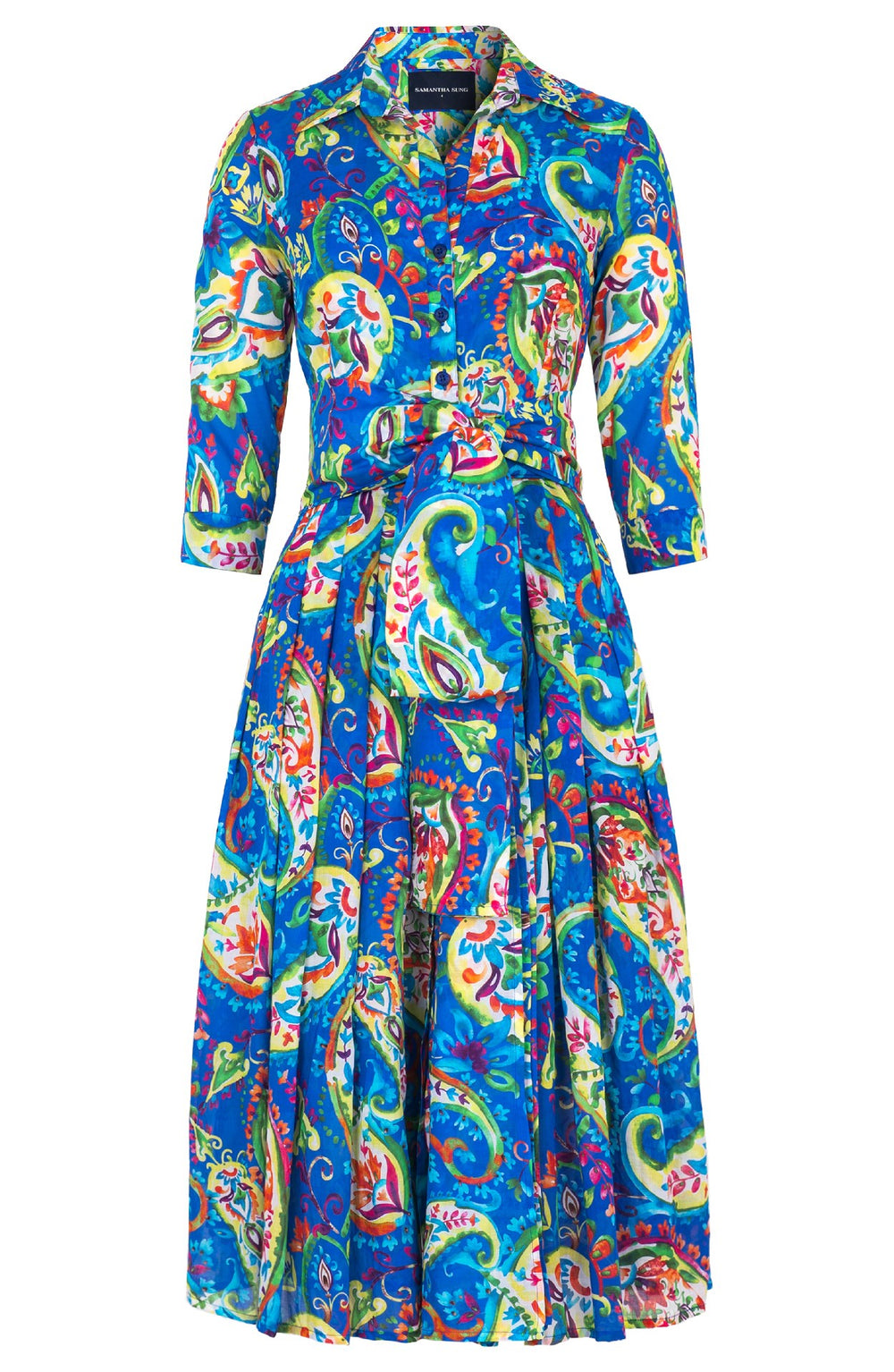 Audrey Dress #4 Shirt Collar 3/4 Sleeve Midi Length Cotton Musola (Watercolor Paisley)