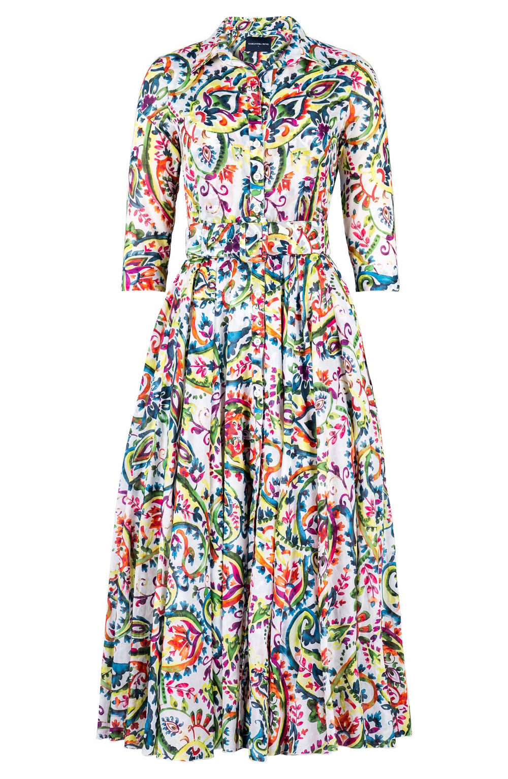 Aster Dress Shirt Collar 3/4 Sleeve Midi Plus Length Cotton Musola (Watercolor Paisley)