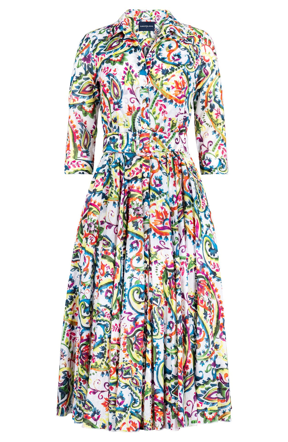 Aster Dress Shirt Collar 3/4 Sleeve Midi Length Cotton Musola (Watercolor Paisley)