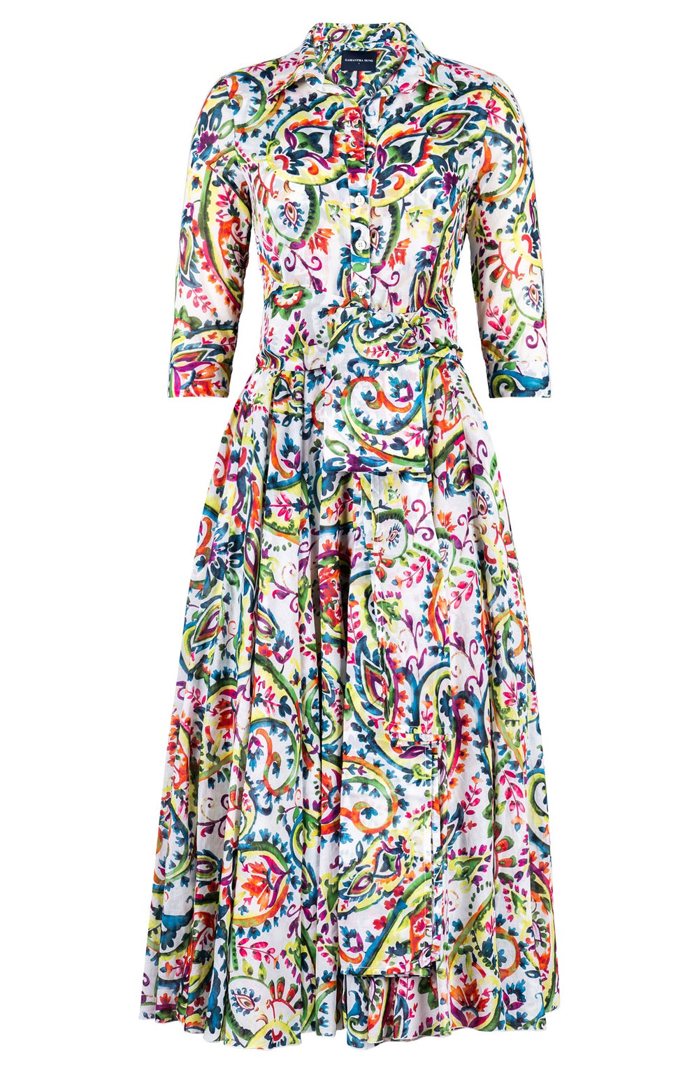 Aster Dress Shirt Collar 3/4 Sleeve Midi Plus Length Cotton Musola (Watercolor Paisley)