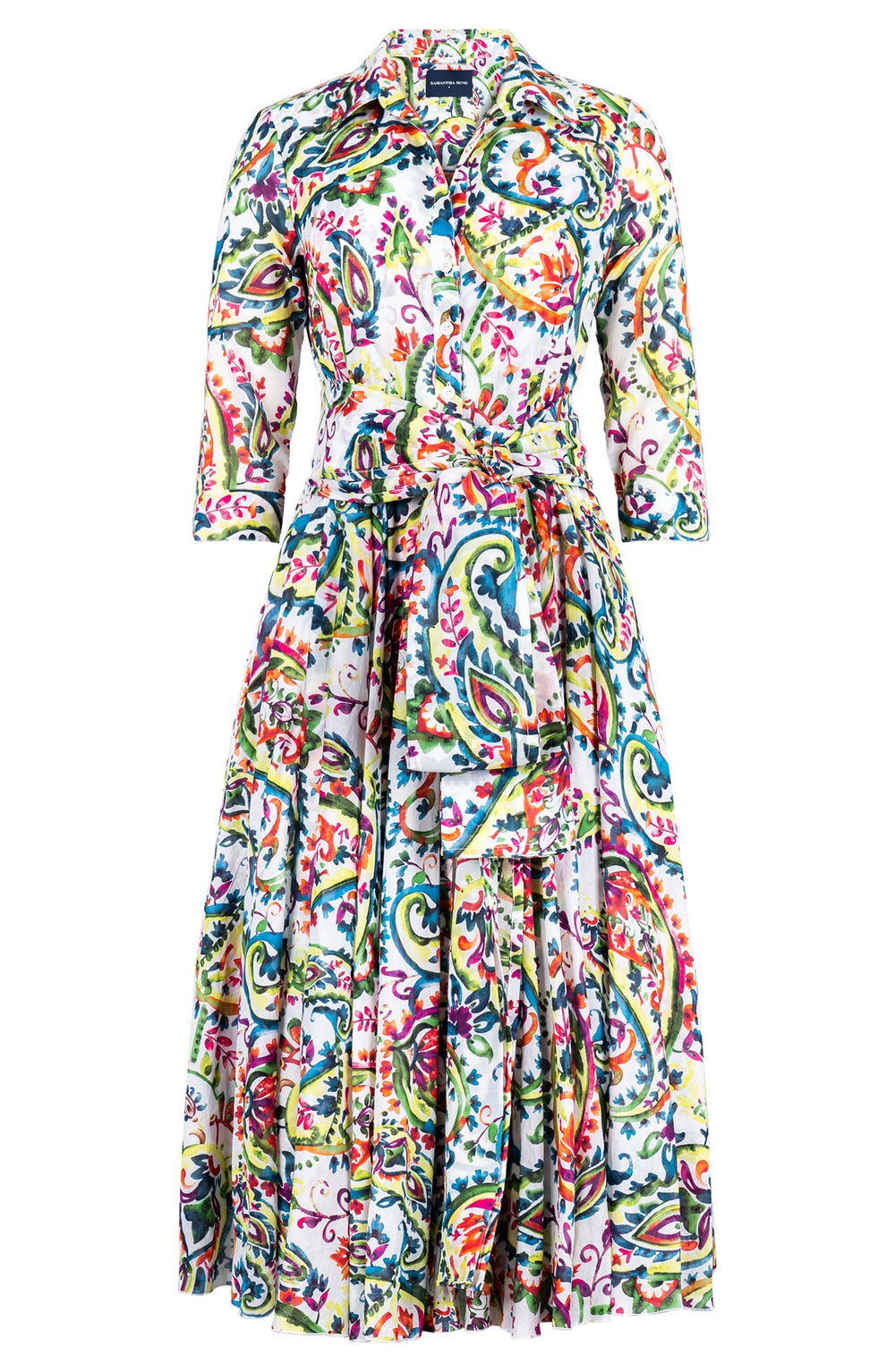 Aster Dress Shirt Collar 3/4 Sleeve Midi Length Cotton Musola (Watercolor Paisley)