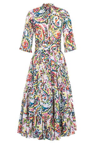 Eden Dress Crew Neck 3/4 Sleeve Midi Plus Length Ramie (Watercolor Paisley)