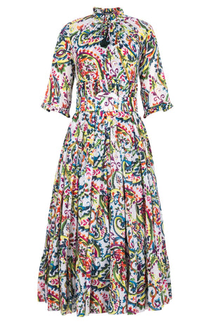 Eden Dress Crew Neck 3/4 Sleeve Midi Plus Length Ramie (Watercolor Paisley)