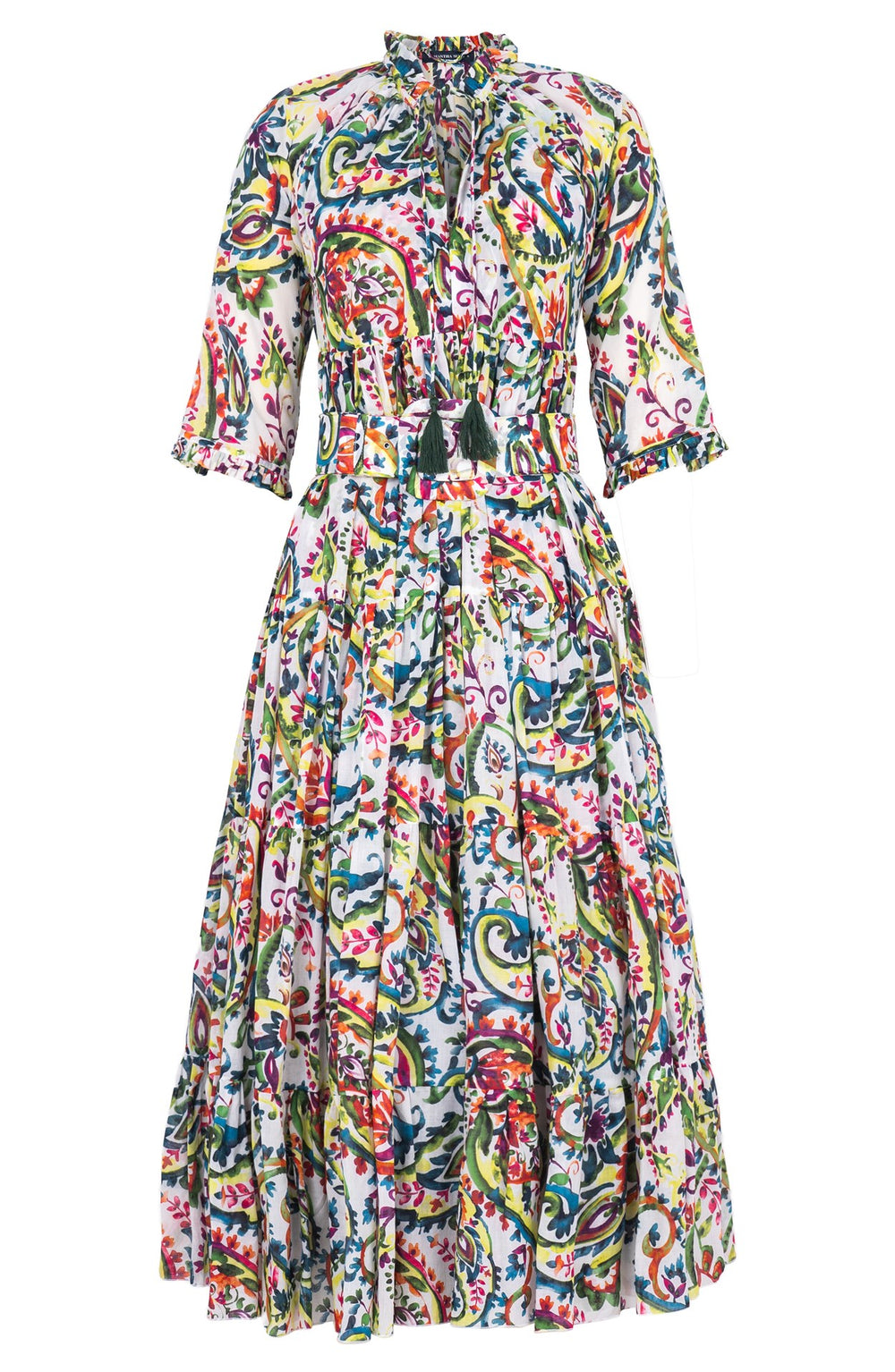 Eden Dress Crew Neck 3/4 Sleeve Midi Plus Length Ramie (Watercolor Paisley)