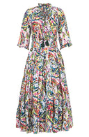 Eden Dress Crew Neck 3/4 Sleeve Midi Plus Length Ramie (Watercolor Paisley)