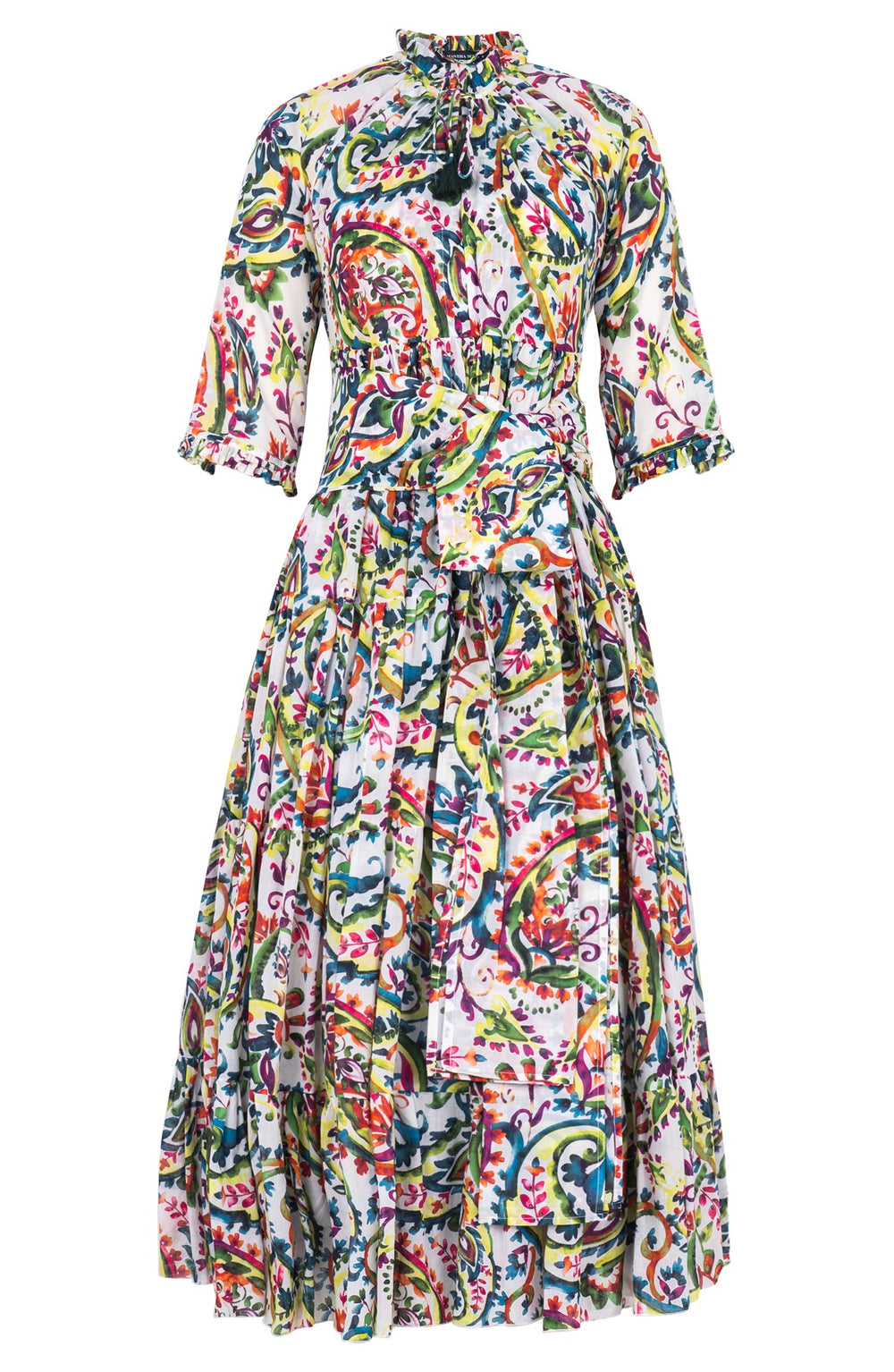 Eden Dress Crew Neck 3/4 Sleeve Midi Plus Length Ramie (Watercolor Paisley)