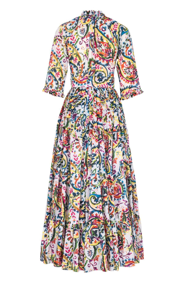 Eva Dress Crew Neck 3/4 Sleeve Maxi Length Cotton Musola (Watercolor Paisley)