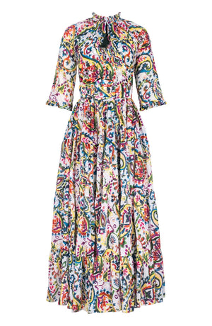 Eva Dress Crew Neck 3/4 Sleeve Maxi Length Cotton Musola (Watercolor Paisley)