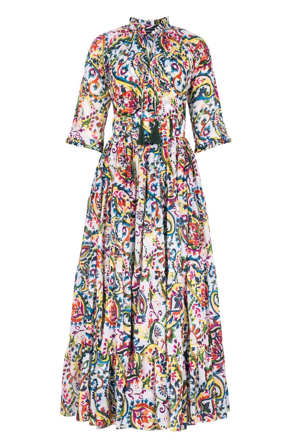 Eva Dress Crew Neck 3/4 Sleeve Maxi Length Cotton Musola (Watercolor Paisley)
