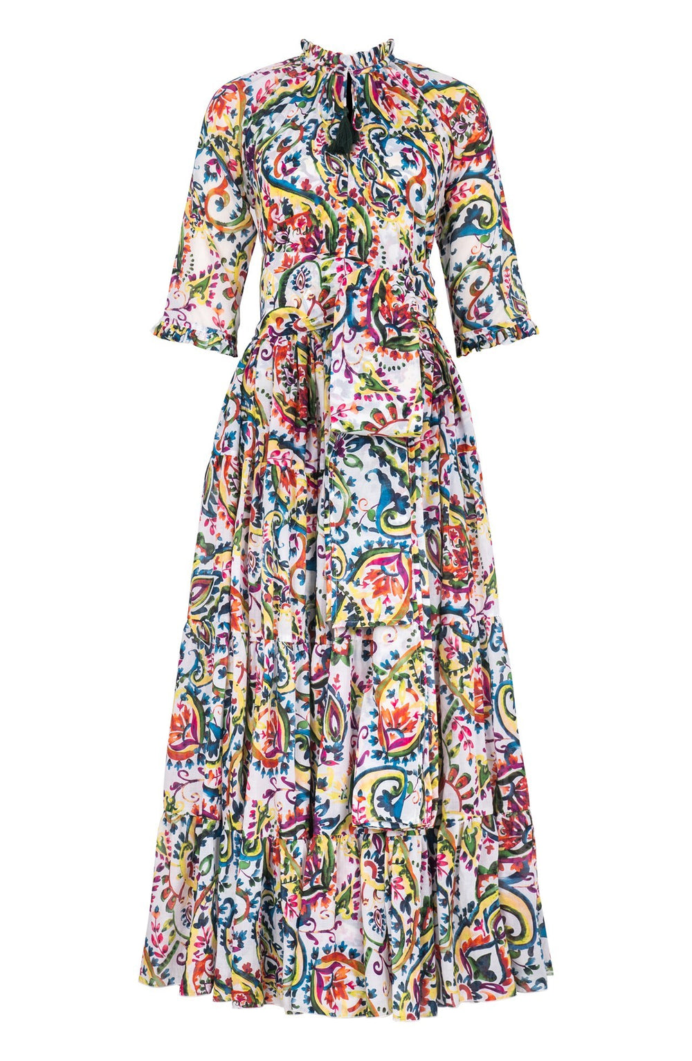 Eva Dress Crew Neck 3/4 Sleeve Maxi Length Cotton Musola (Watercolor Paisley)