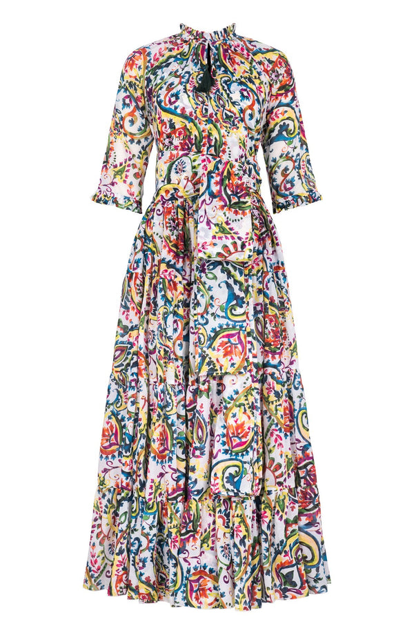 Eva Dress Crew Neck 3/4 Sleeve Maxi Length Cotton Musola (Watercolor Paisley)