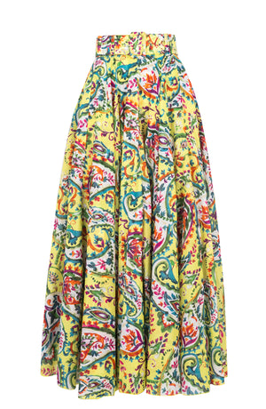 Aster Skirt #1 with Belt Maxi Length Cotton Musola (Watercolor Paisley)