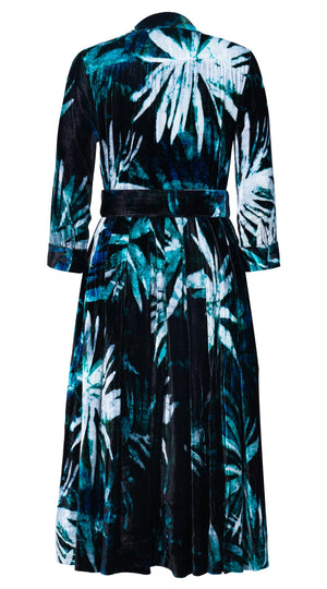 Audrey Dress #1 Shirt Collar 3/4 Sleeve Midi Length Visc 82% Silk 18% (Watercolor Palm)
