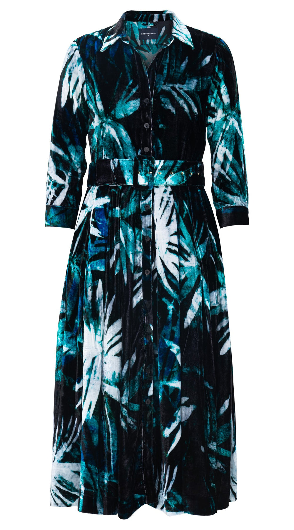Audrey Dress #1 Shirt Collar 3/4 Sleeve Midi Length Visc 82% Silk 18% (Watercolor Palm)