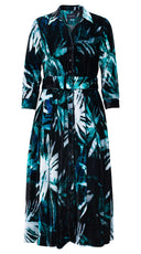 Audrey Dress #1 Shirt Collar 3/4 Sleeve Midi Length Visc 82% Silk 18% (Watercolor Palm)