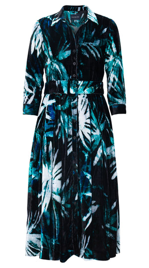 Audrey Dress #1 Shirt Collar 3/4 Sleeve Midi Length Visc 82% Silk 18% (Watercolor Palm)