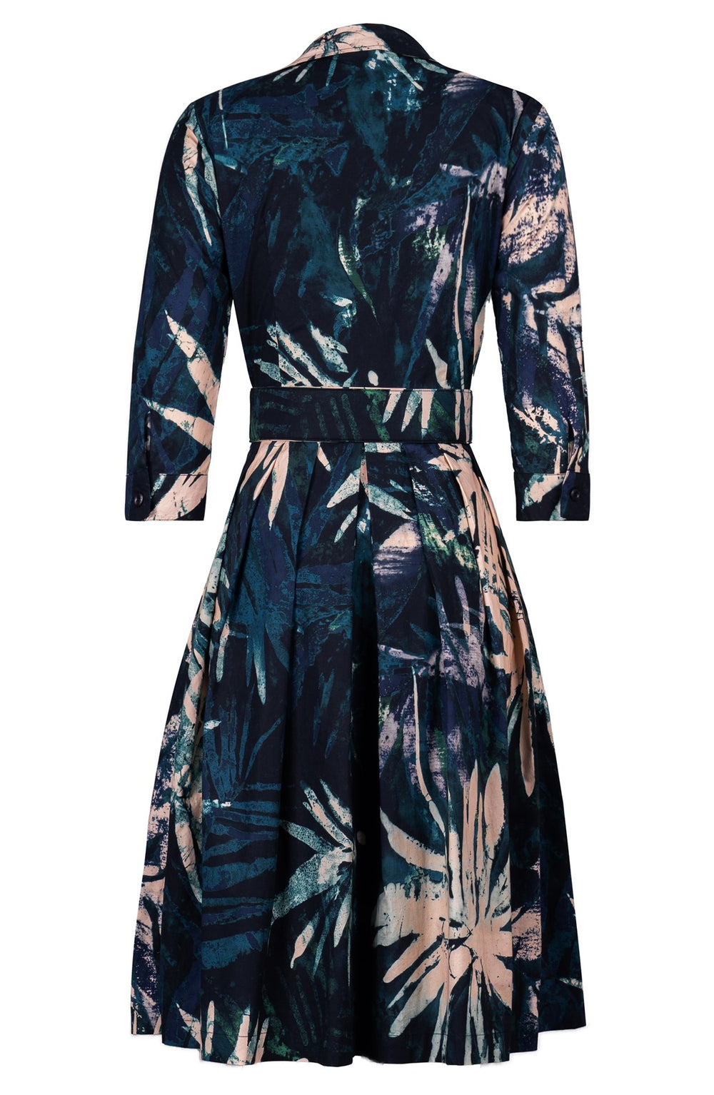 Audrey Dress #1 Shirt Collar 3/4 Sleeve Long Length Cotton Stretch  (Watercolor Palm)