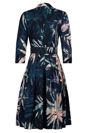 Audrey Dress #1 Shirt Collar 3/4 Sleeve Long Length Cotton Stretch  (Watercolor Palm)