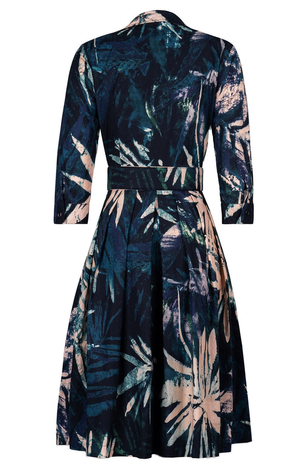 Audrey Dress #1 Shirt Collar 3/4 Sleeve Long Length Cotton Stretch  (Watercolor Palm)