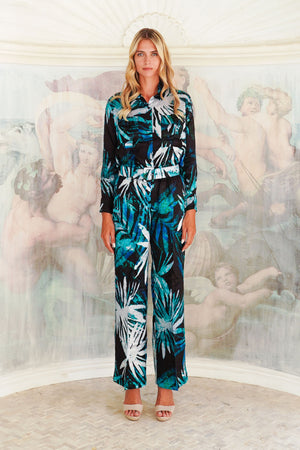Pajama Shirt & Pajama Pants Silk Twill (Watercolor Palm)