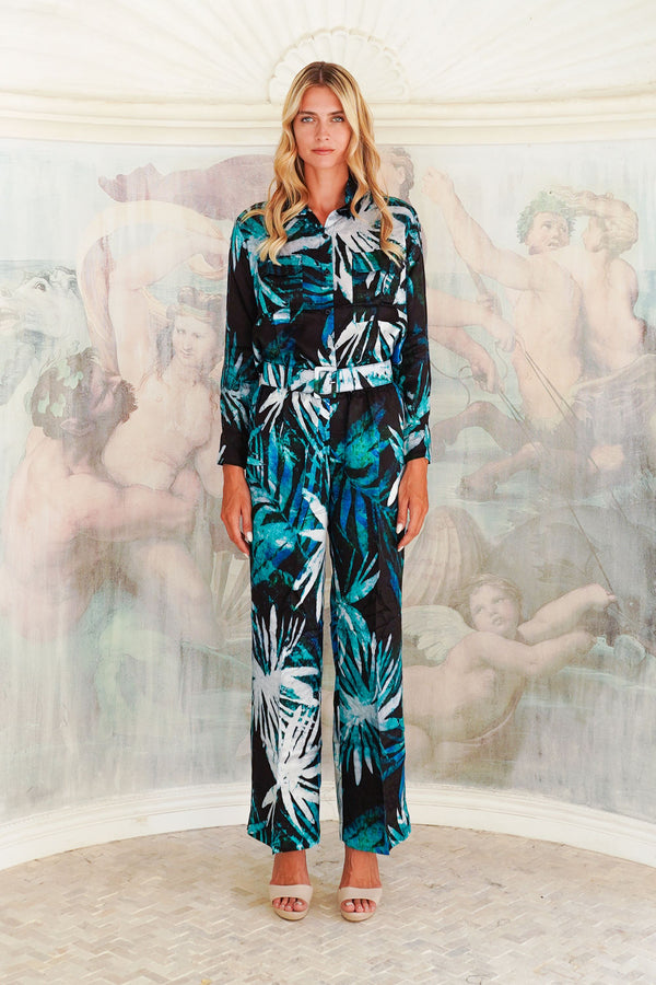 Pajama Shirt & Pajama Pants Silk Twill (Watercolor Palm)