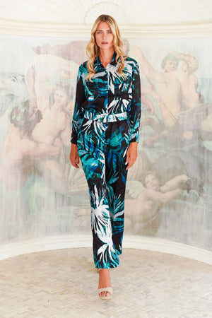 Pajama Shirt & Pajama Pants Silk Twill (Watercolor Palm)