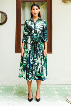Aster Dress Shirt Collar 3/4 Sleeve Midi Length Poliamide Taffta (Watercolor Palm)