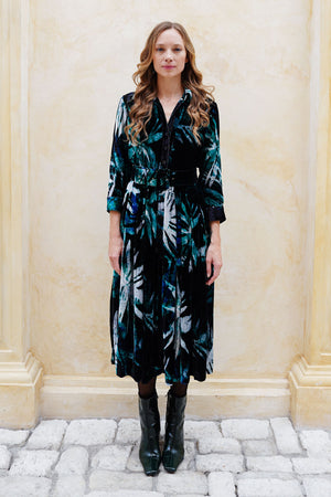 Audrey Dress #1 Shirt Collar 3/4 Sleeve Midi Length Silk Velvet (Watercolor Palm)