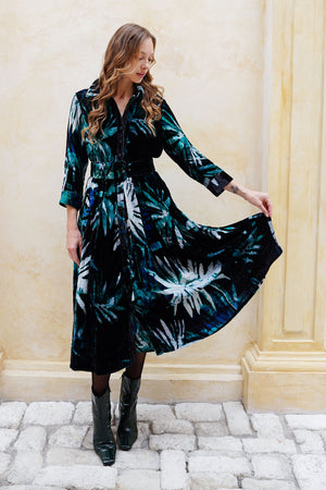 Audrey Dress #1 Shirt Collar 3/4 Sleeve Midi Length Silk Velvet (Watercolor Palm)