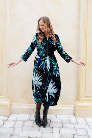 Audrey Dress #1 Shirt Collar 3/4 Sleeve Midi Length Silk Velvet (Watercolor Palm)