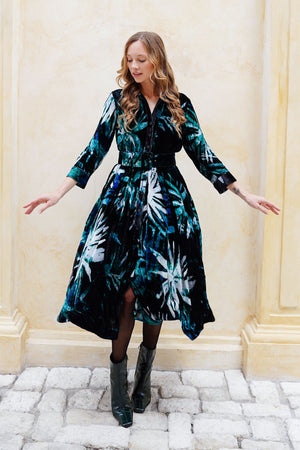 Audrey Dress #1 Shirt Collar 3/4 Sleeve Midi Length Silk Velvet (Watercolor Palm)