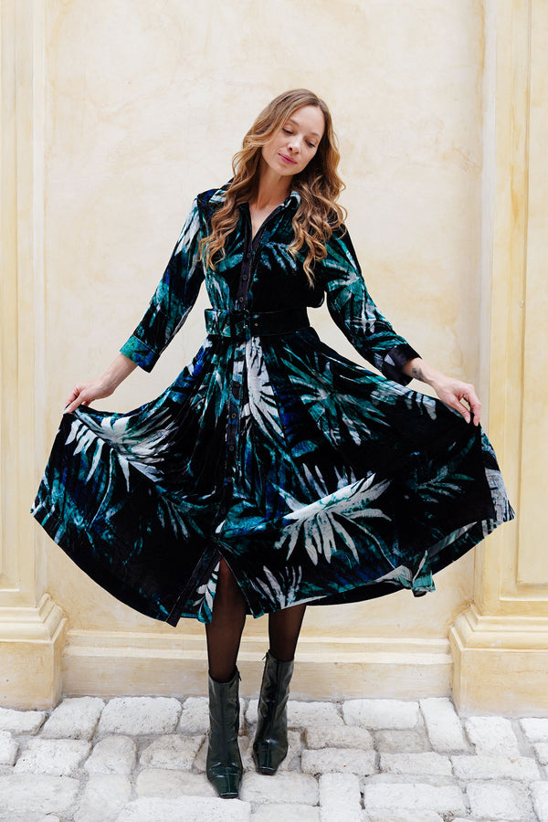 Audrey Dress #1 Shirt Collar 3/4 Sleeve Midi Length Silk Velvet (Watercolor Palm)