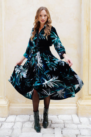 Audrey Dress #1 Shirt Collar 3/4 Sleeve Midi Length Silk Velvet (Watercolor Palm)