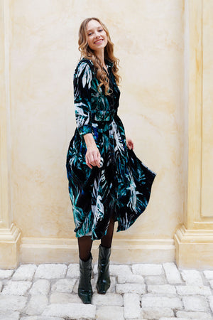 Audrey Dress #1 Shirt Collar 3/4 Sleeve Midi Length Silk Velvet (Watercolor Palm)