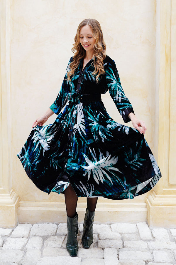 Audrey Dress #1 Shirt Collar 3/4 Sleeve Midi Length Silk Velvet (Watercolor Palm)