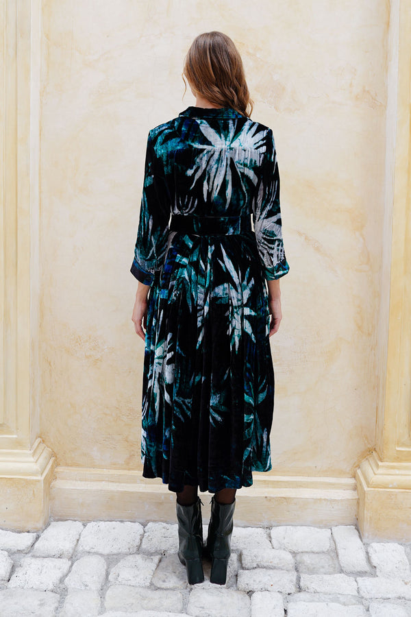 Audrey Dress #1 Shirt Collar 3/4 Sleeve Midi Length Silk Velvet (Watercolor Palm)