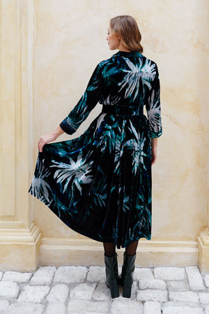 Audrey Dress #1 Shirt Collar 3/4 Sleeve Midi Length Silk Velvet (Watercolor Palm)