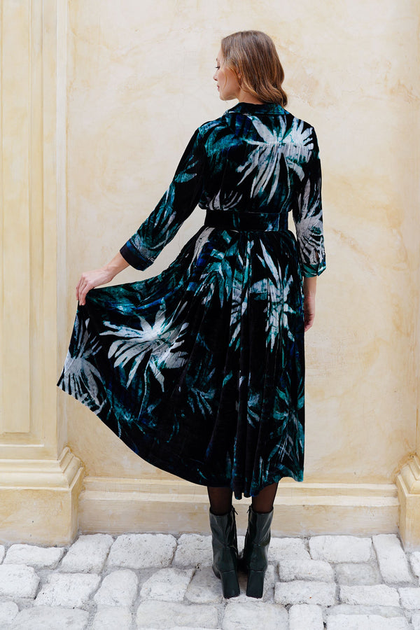 Audrey Dress #1 Shirt Collar 3/4 Sleeve Midi Length Silk Velvet (Watercolor Palm)