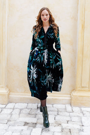 Audrey Dress #1 Shirt Collar 3/4 Sleeve Midi Length Silk Velvet (Watercolor Palm)