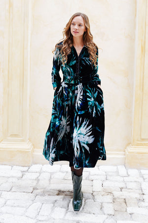 Audrey Dress #1 Shirt Collar 3/4 Sleeve Midi Length Silk Velvet (Watercolor Palm)